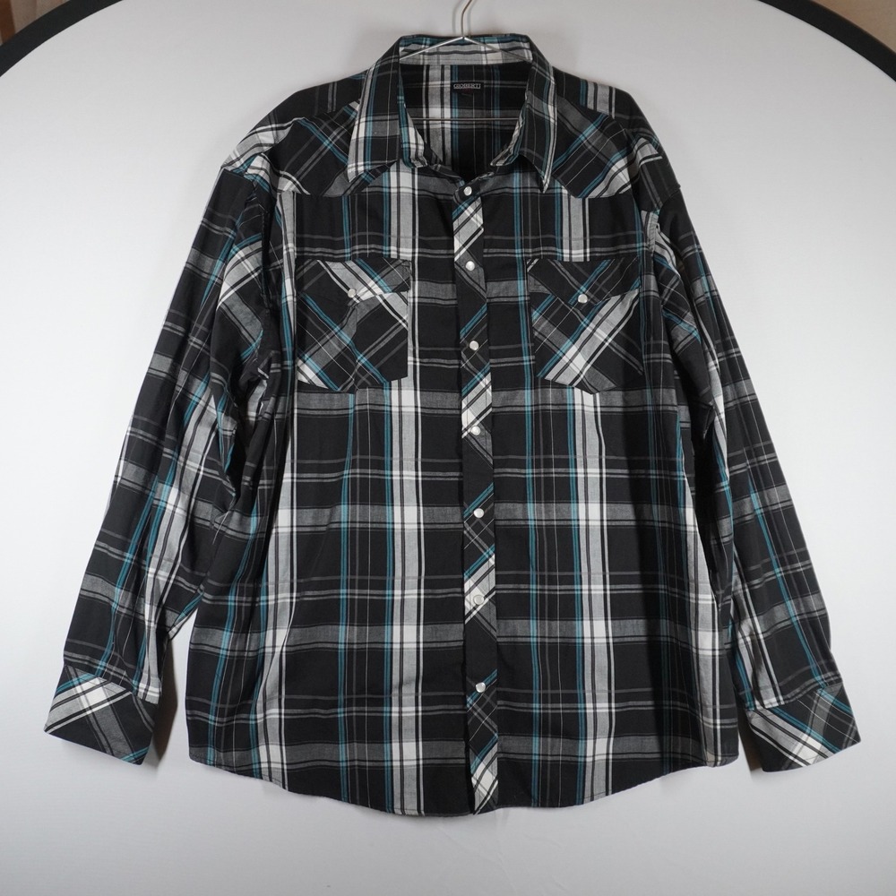 Gioberti‎ Western Snap Shirt 2XL Black Teal Plaid Pearl Snap Cowboy Nashville